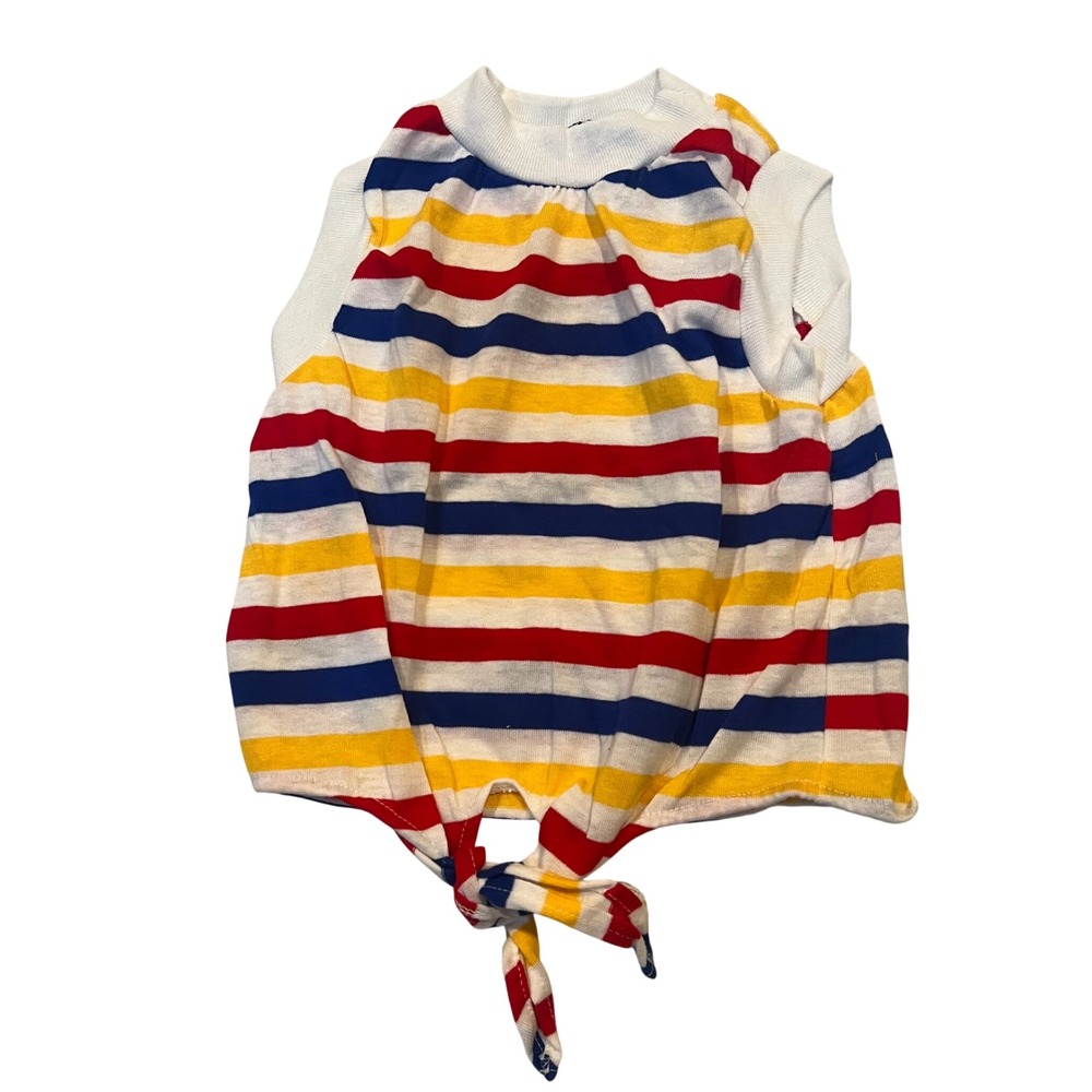 Vintage Basic Editions Girls Striped Tie Front Top Red Yellow Blue Mock Neck 7/8
